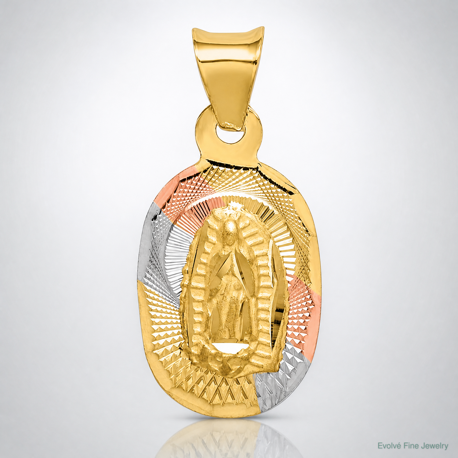 14K w/Rhodium D/C Lady Of Guadalupe Oval Pendant - Lifestyle View