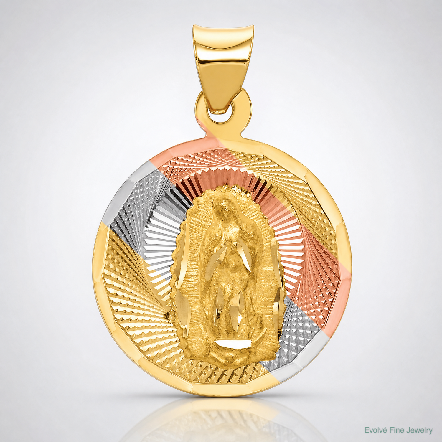 14K w/Rhodium Polished D/C Lady Of Guadalupe Circle Pendant - Lifestyle View