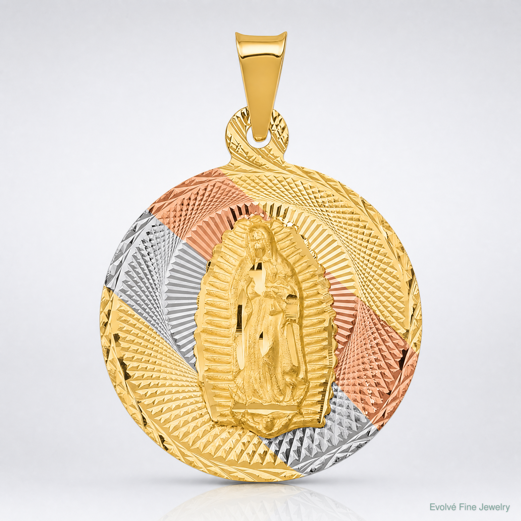 14K w/Rhodium Polished D/C Lady Of Guadalupe Circle Pendant - Lifestyle View