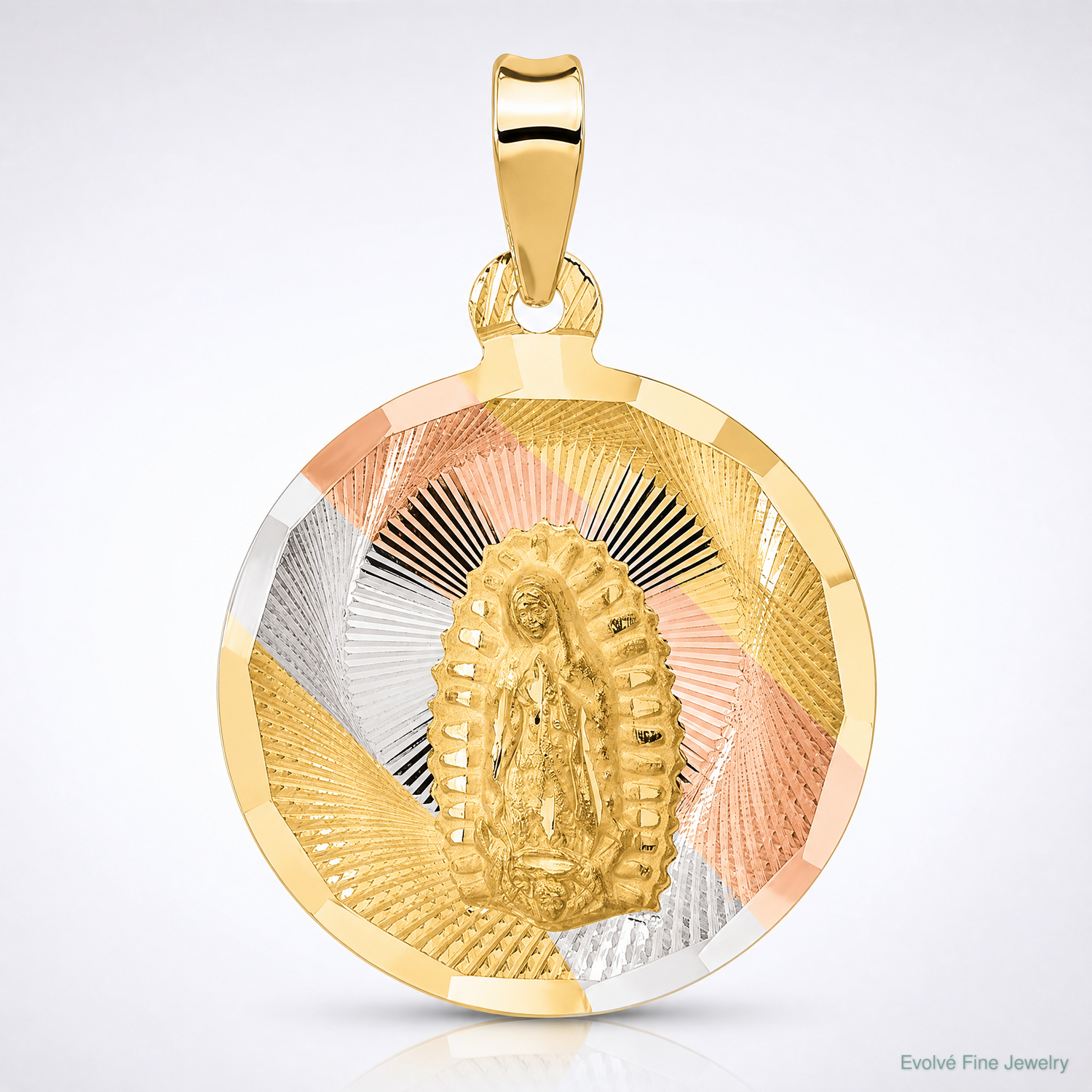 14K w/Rhodium Polished D/C Lady Of Guadalupe Circle Pendant - Lifestyle View