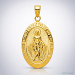 14K Gold Satin and Polished Finish Miraculous Medal Pendant - Lifestyle View