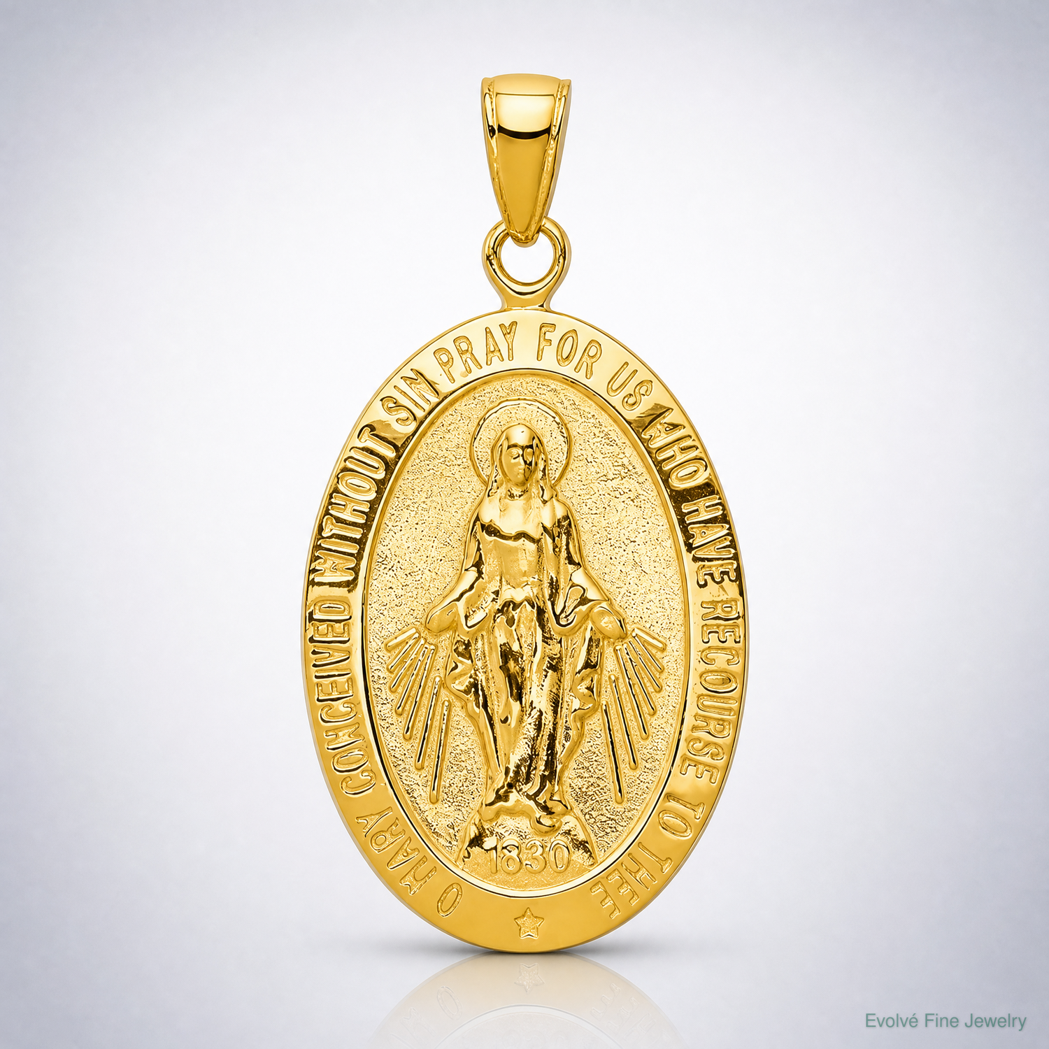 14K Gold Satin and Polished Finish Miraculous Medal Pendant - Lifestyle View