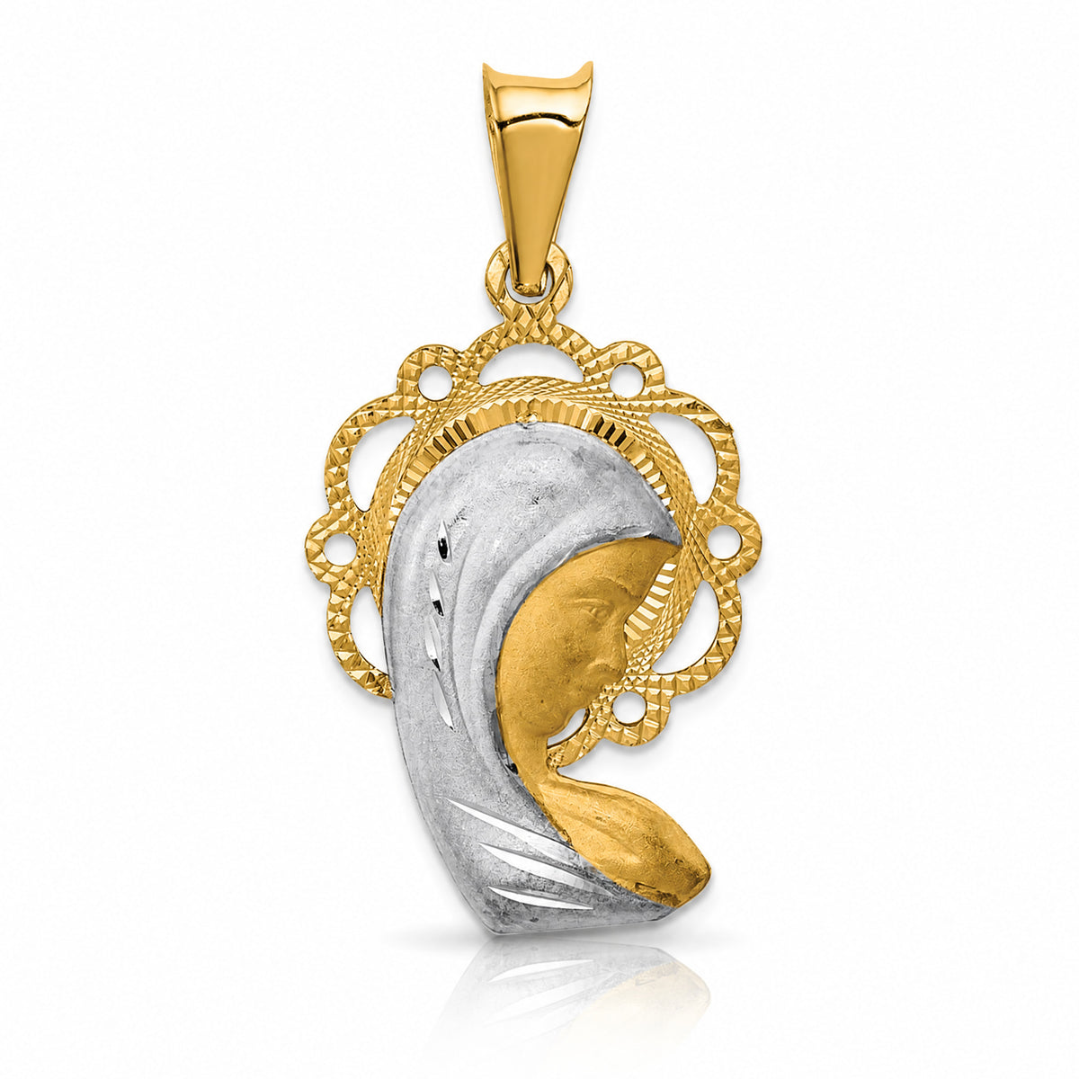 14K w/Rhodium Satin And Polished Mary Pendant - Lifestyle View