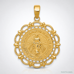 14K Polished Miraculous Medal With Scallop Frame Pendant - Lifestyle View