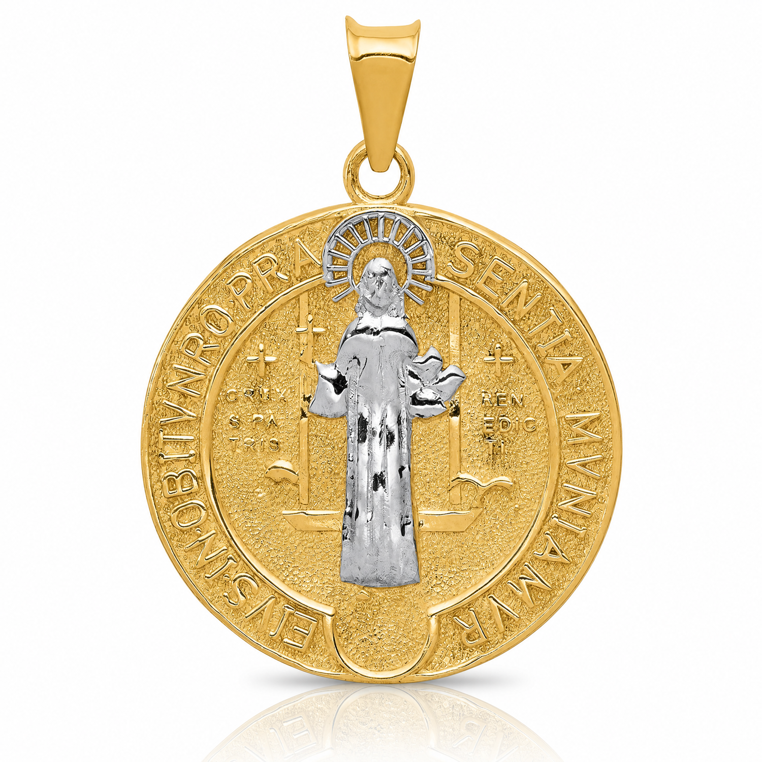 14k With Rhodium Circle St. Benedict Medal Pendant - Lifestyle View
