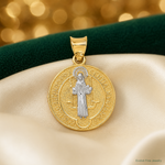14k With Rhodium Circle St. Benedict Medal Pendant - Lifestyle View