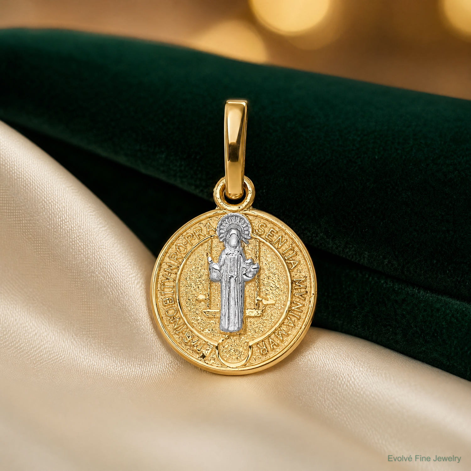 14k With Rhodium Circle St. Benedict Medal Pendant - Lifestyle View