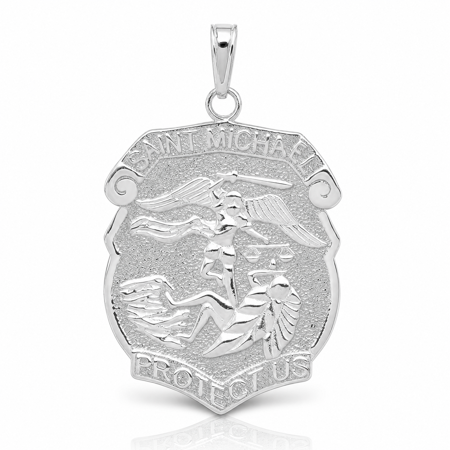 14K White Gold Polished Large Saint Michael Protect Us Medal Pendant - Lifestyle View