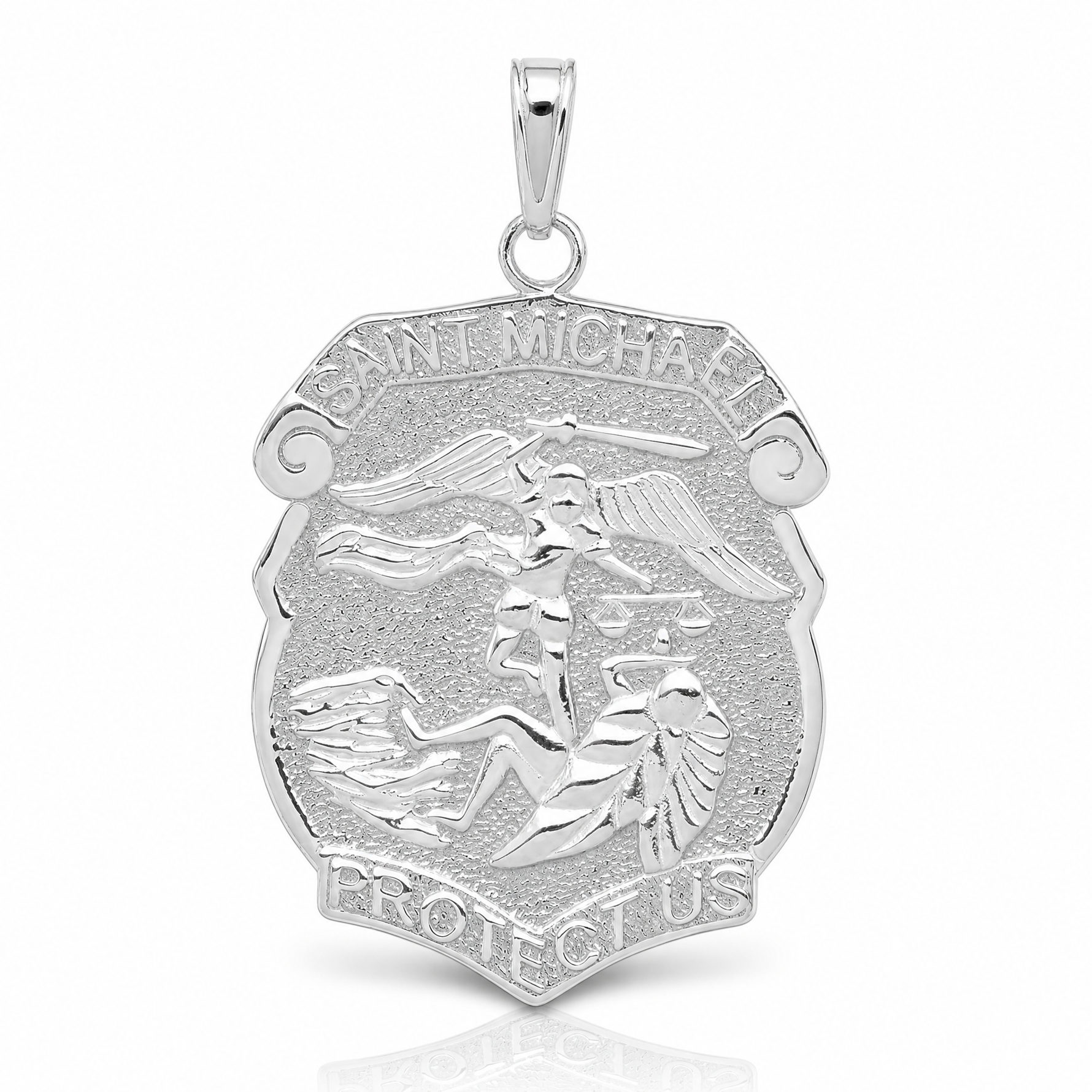 14K White Gold Polished Large Saint Michael Protect Us Medal Pendant - Lifestyle View