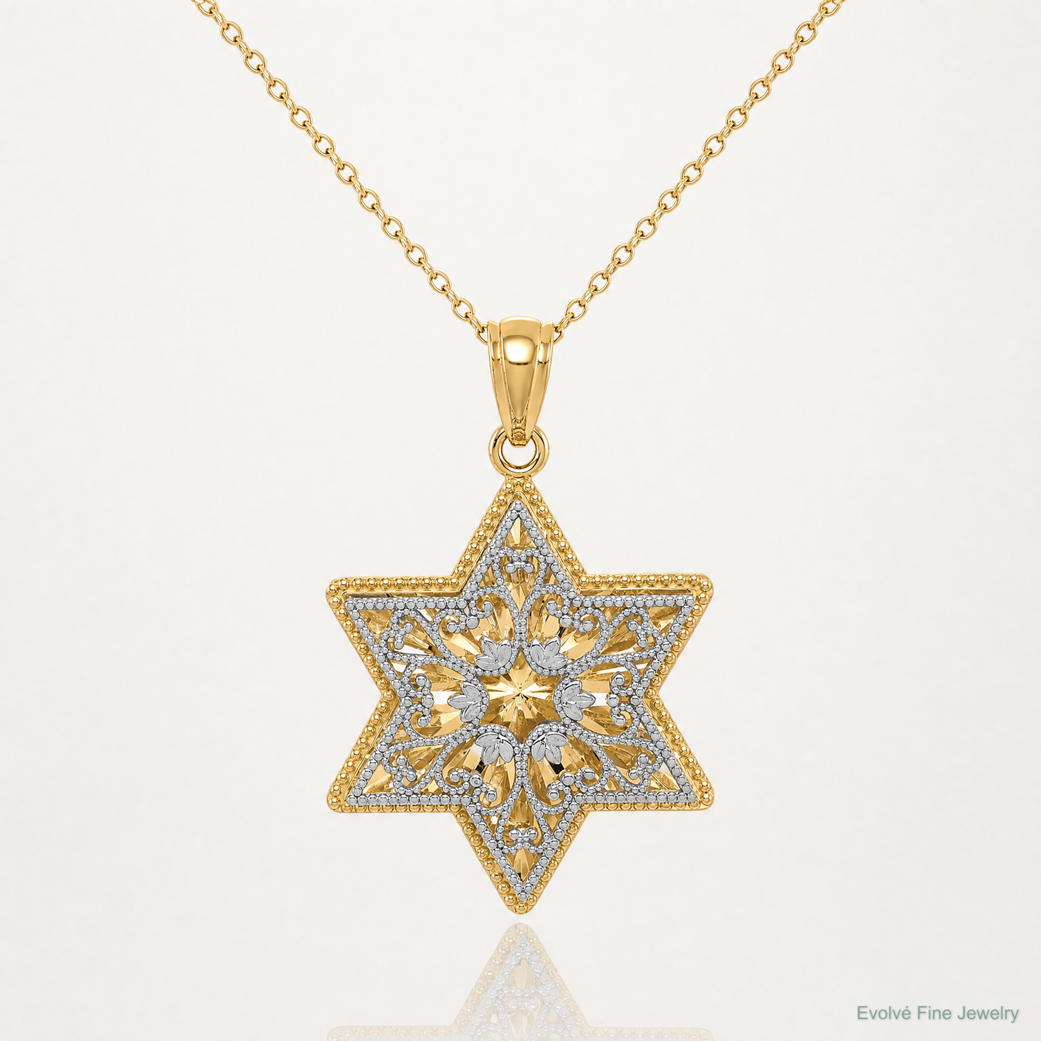 14K Two-Tone Polished Reversible Filigree Star Of David Pendant - Lifestyle View