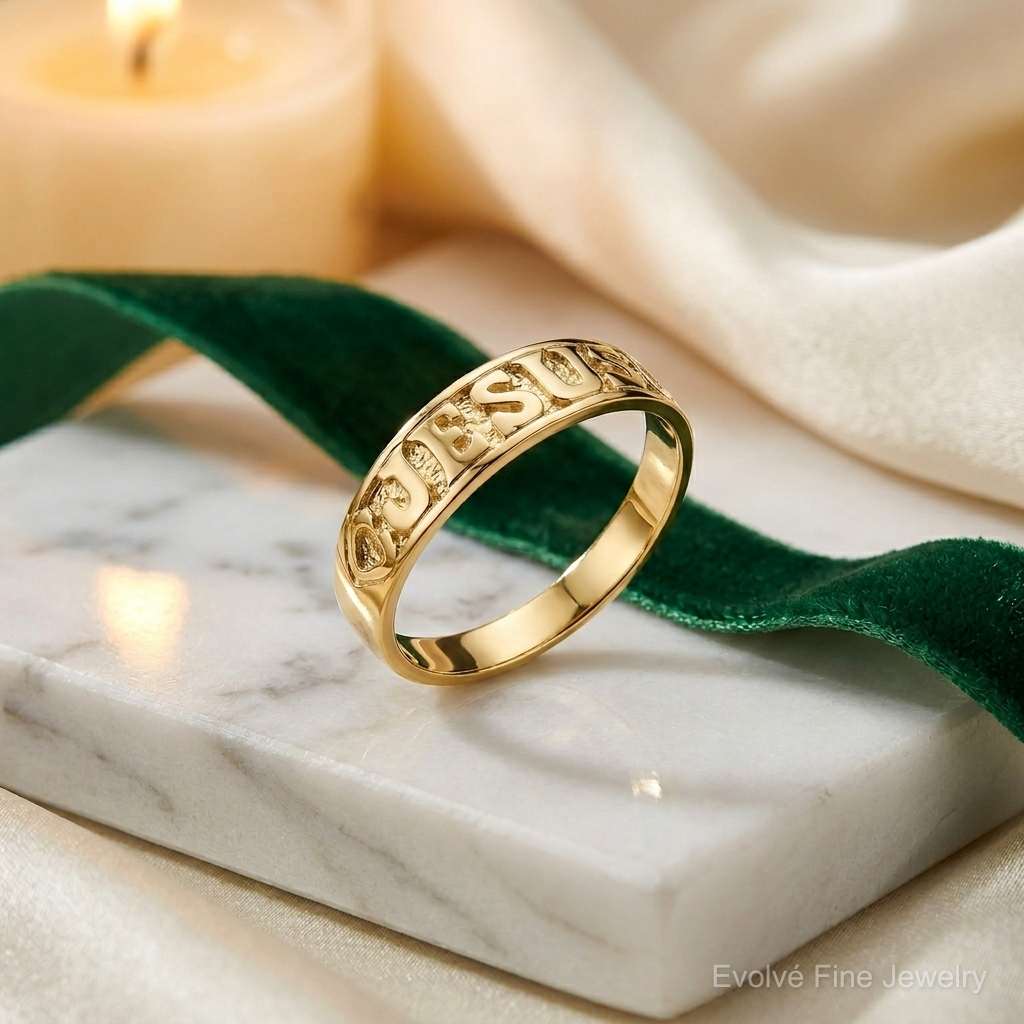 14K Gold Polished Jesus w/Hearts Ring - Lifestyle View