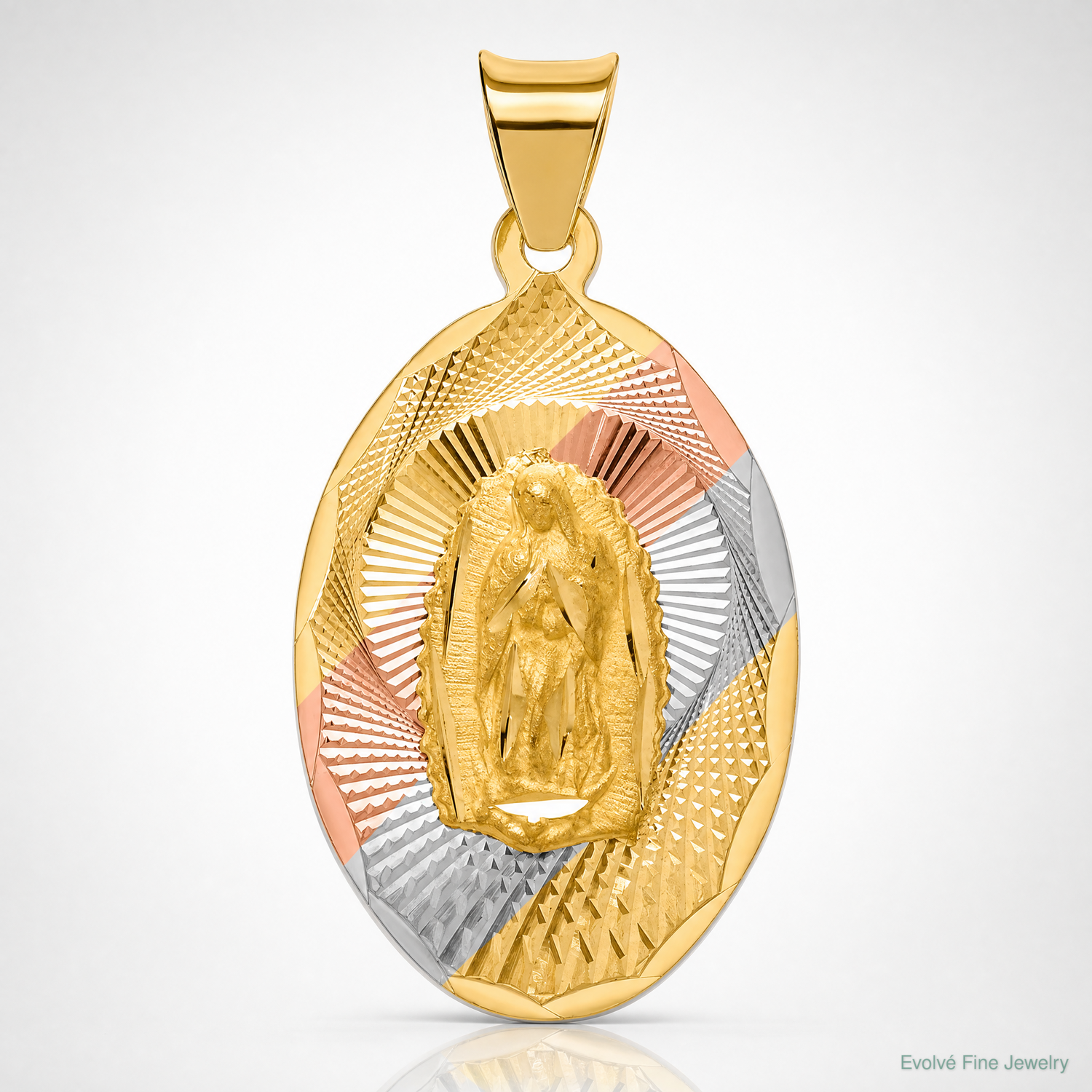 14K w/Rhodium D/C Lady Of Guadalupe Oval Pendant - Lifestyle View