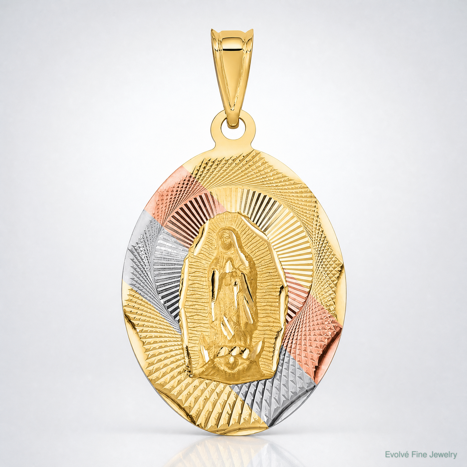 14K w/Rhodium D/C Lady Of Guadalupe Oval Pendant - Lifestyle View