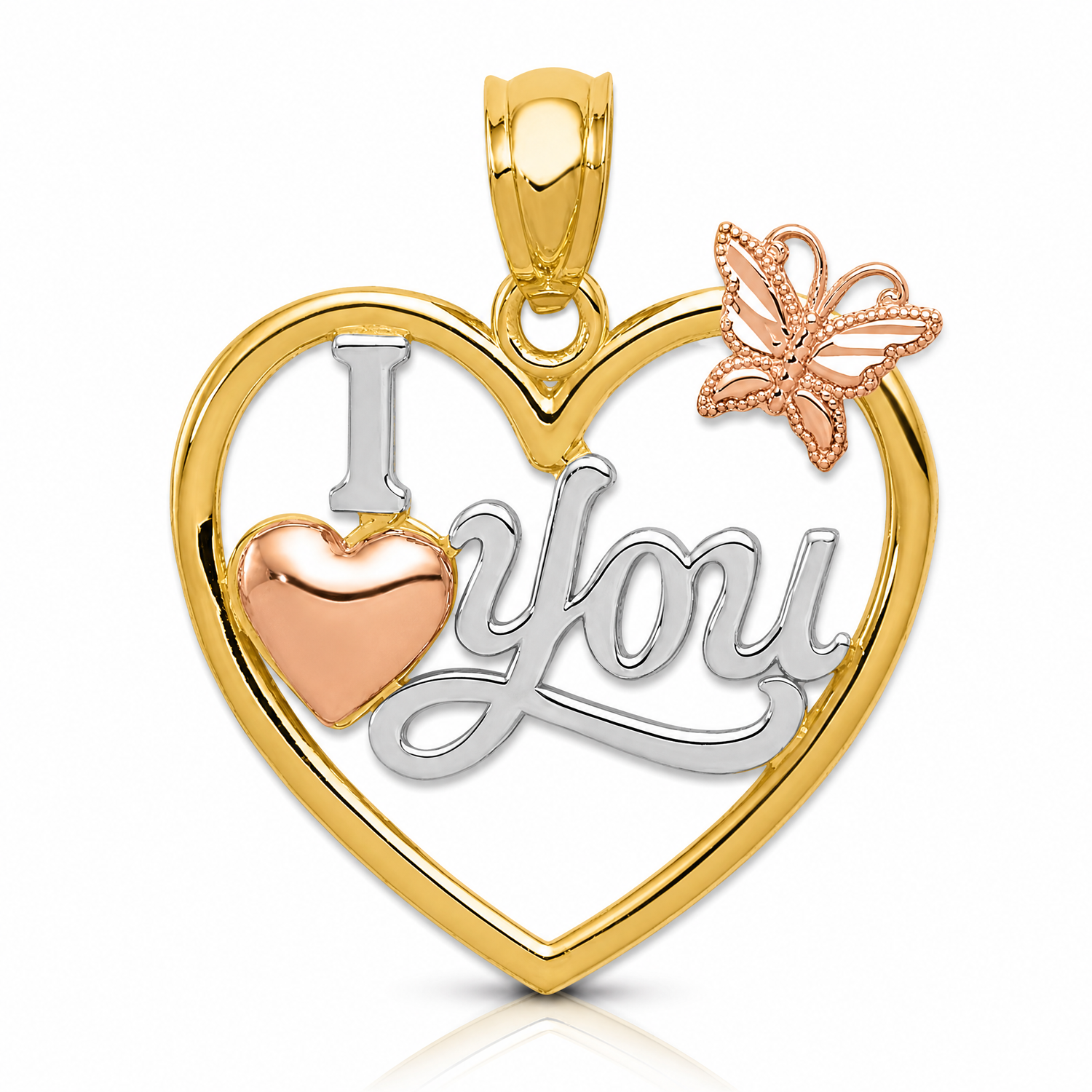14k Two-tone w/White Rhod I LOVE YOU Heart w/Butterfly Pendant - Lifestyle View