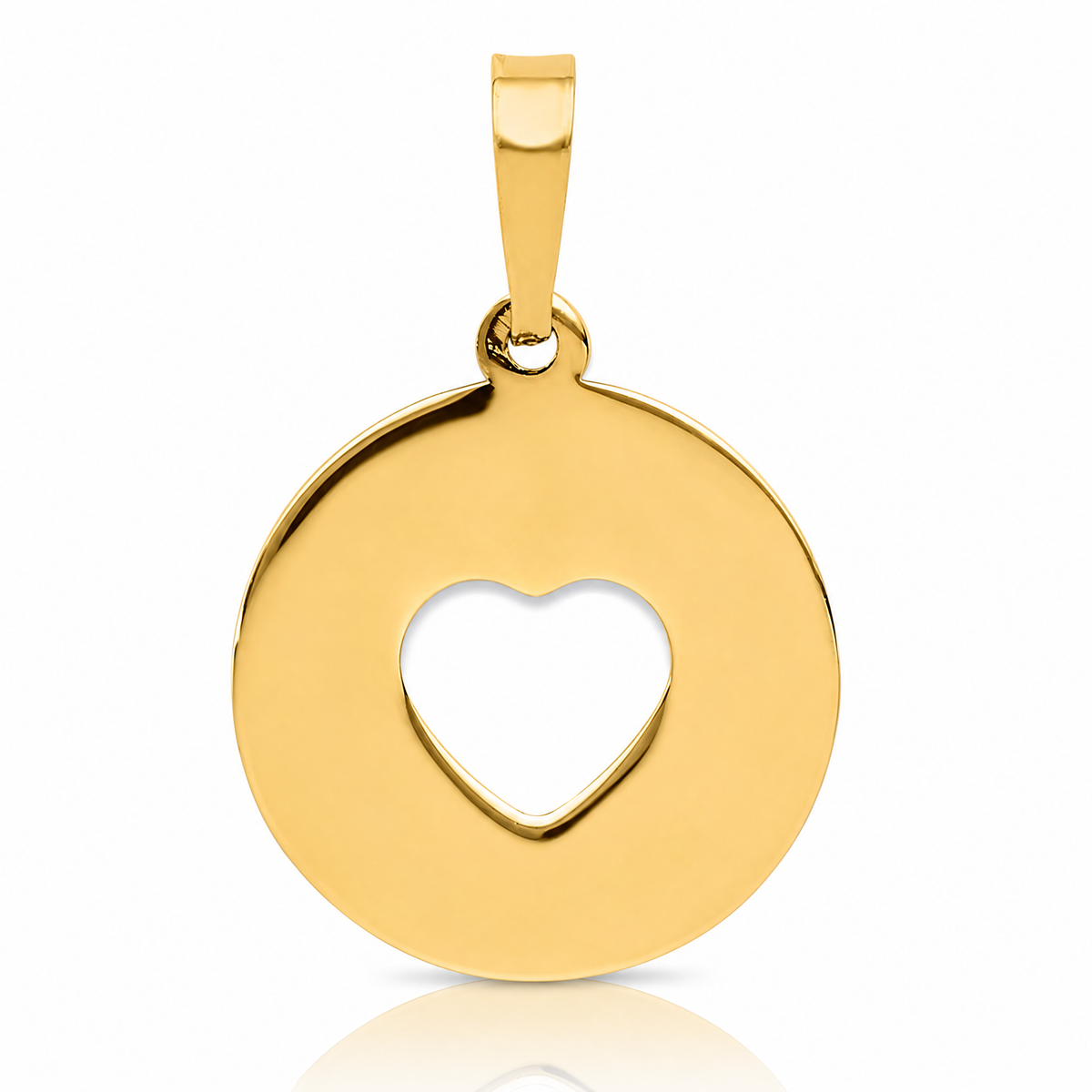 14K Polished Cut-out Heart Circle Disc Pendant - Lifestyle View