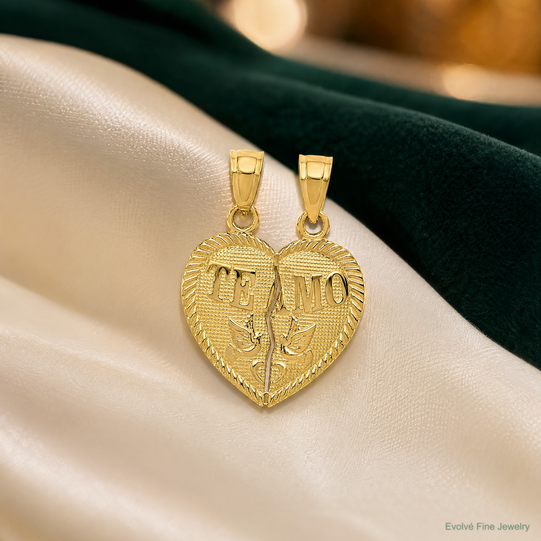 14k Break Apart Diamond-cut TE AMO Heart Pendant - Lifestyle View