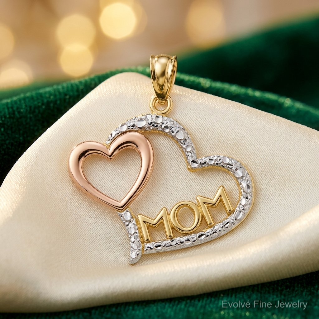 14k Two-tone w/White Rhodium Diamond-cut MOM in Heart w/Heart Pendant - Lifestyle View