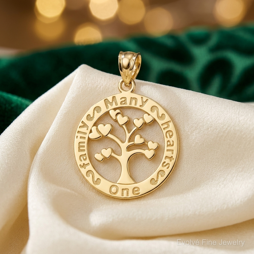 14k Polished ONE FAMILY MANY HEARTS Tree Pendant - Lifestyle View