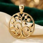14k Gold Polished Tree in Circle Pendant - Lifestyle View