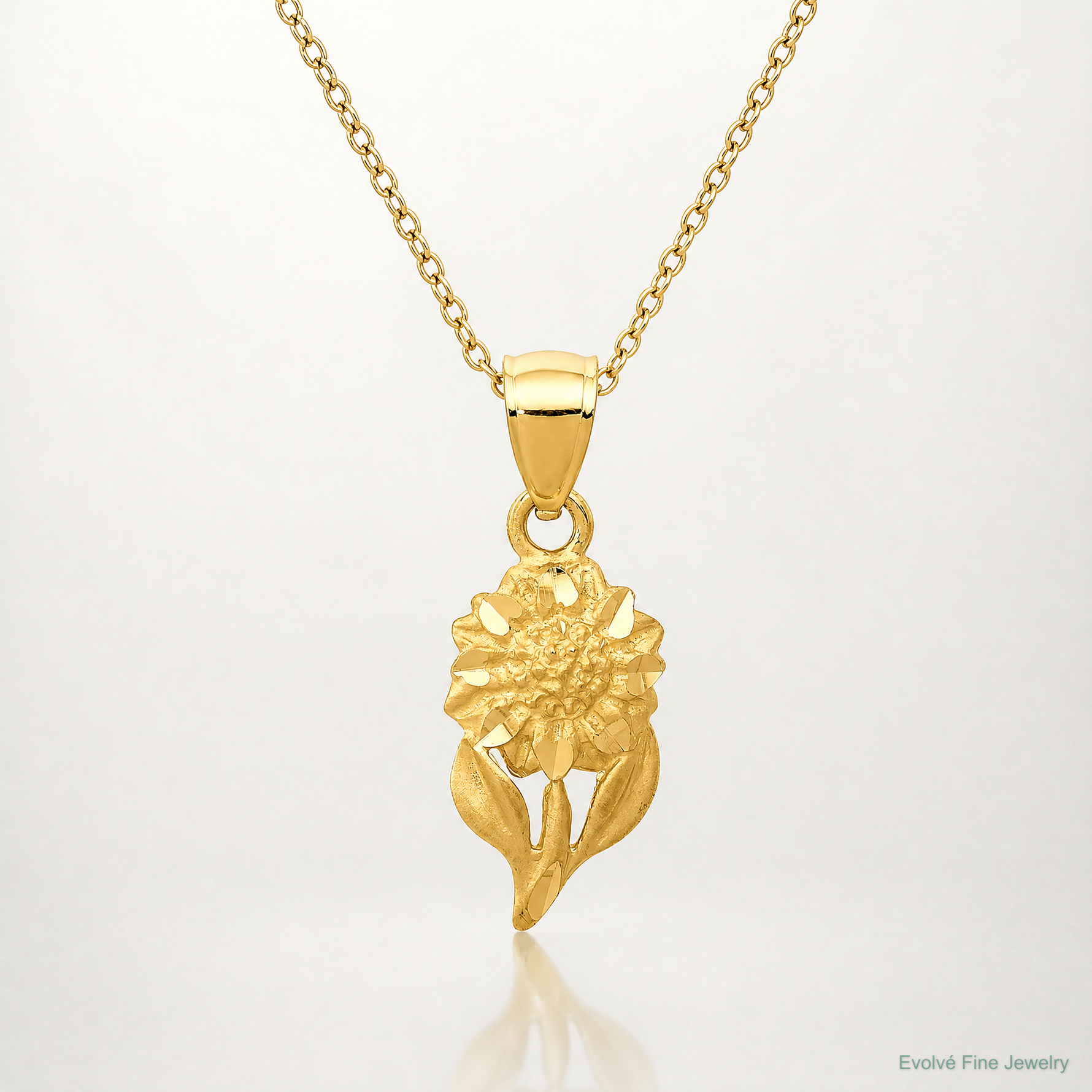 14k Satin Diamond-cut Sunflower Pendant - Lifestyle View