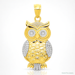 14K w/ Rhodium Polished / Textured Owl Pendant - Lifestyle View