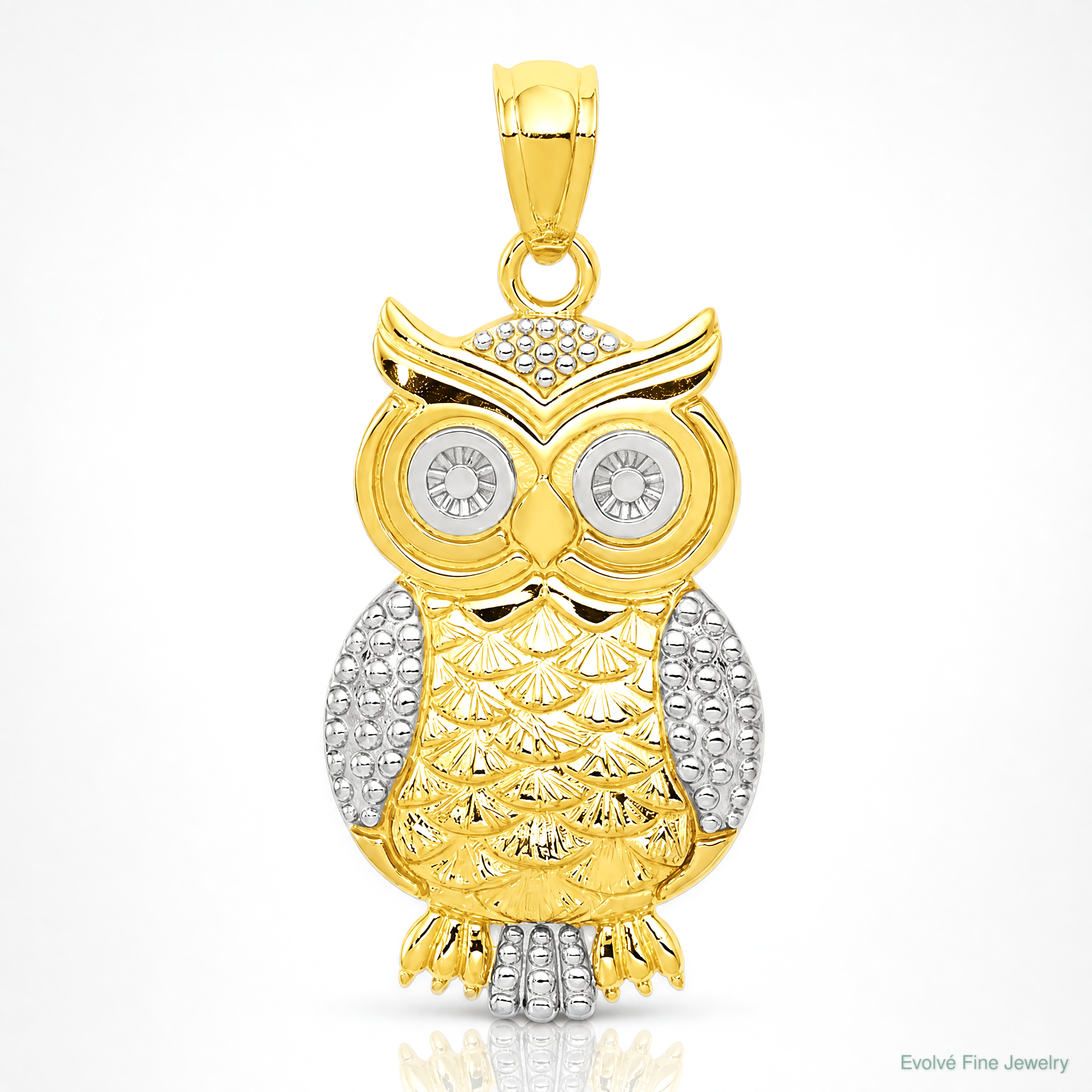 14K w/ Rhodium Polished / Textured Owl Pendant - Lifestyle View
