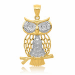 14k w/ Rhodium Diamond-cut Polished Moveable Owl Pendant - Lifestyle View