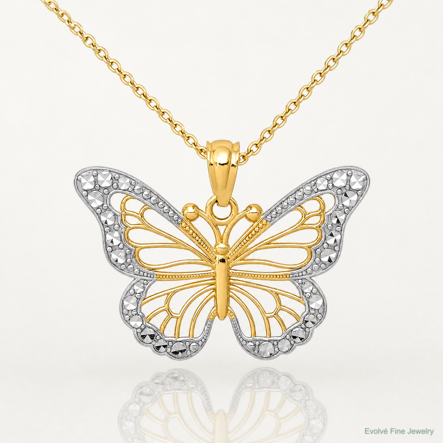 14k w/ Rhodium Diamond-cut Polished Open Butterfly Pendant - Lifestyle View