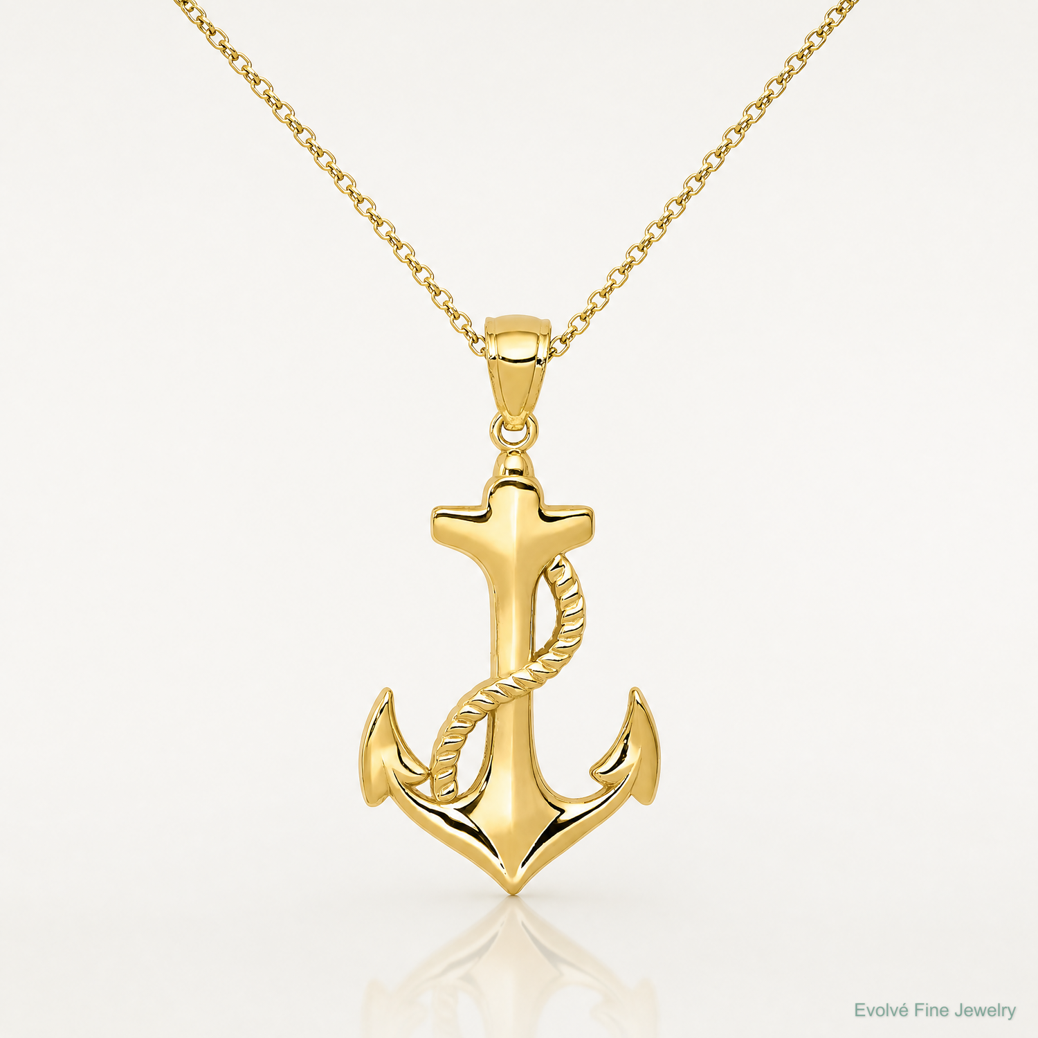 14k Polished Anchor w/Rope Pendant - Lifestyle View