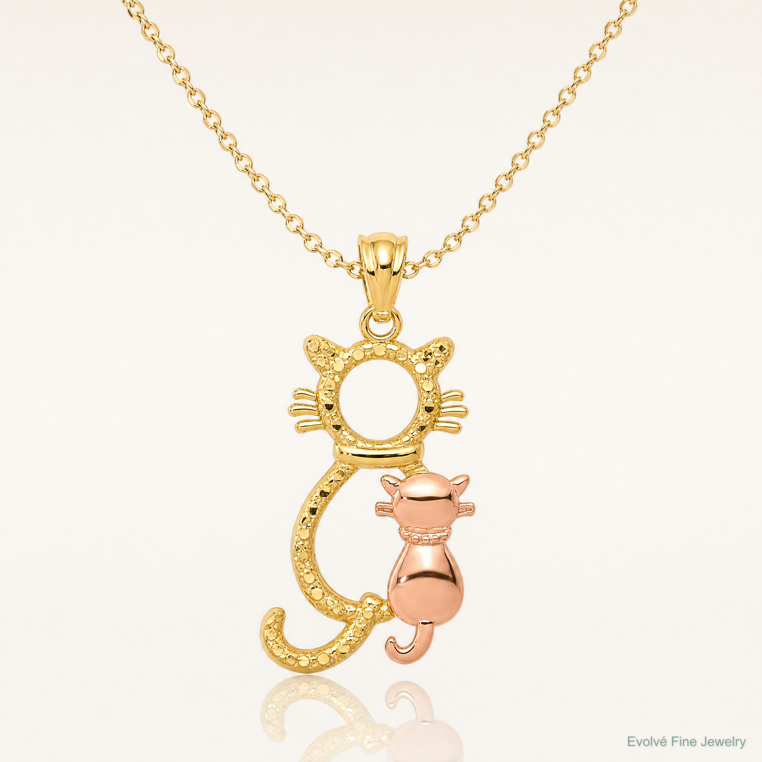 14k Yellow and Rose Polished Diamond-cut Sitting Cats Pendant - Lifestyle View