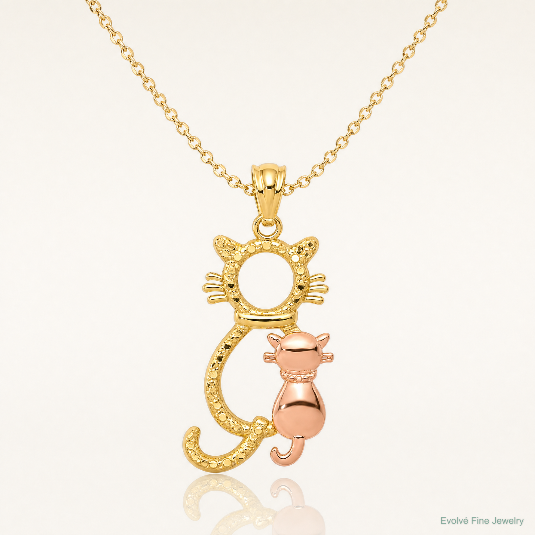 14k Yellow and Rose Polished Diamond-cut Sitting Cats Pendant - Lifestyle View