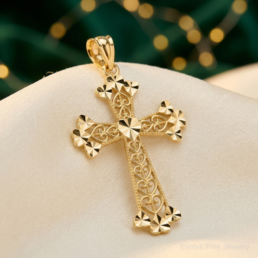 14k Diamond-cut Polished Filigree Hearts Cross Pendant - Lifestyle View
