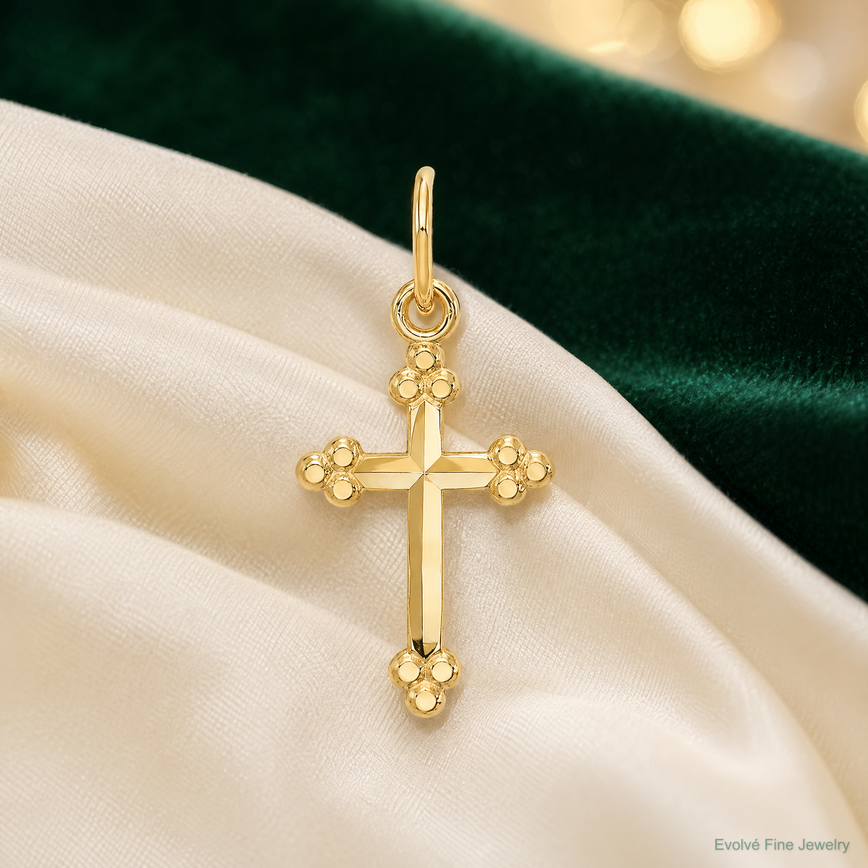 14k Small D/C Budded Cross Pendant - Lifestyle View