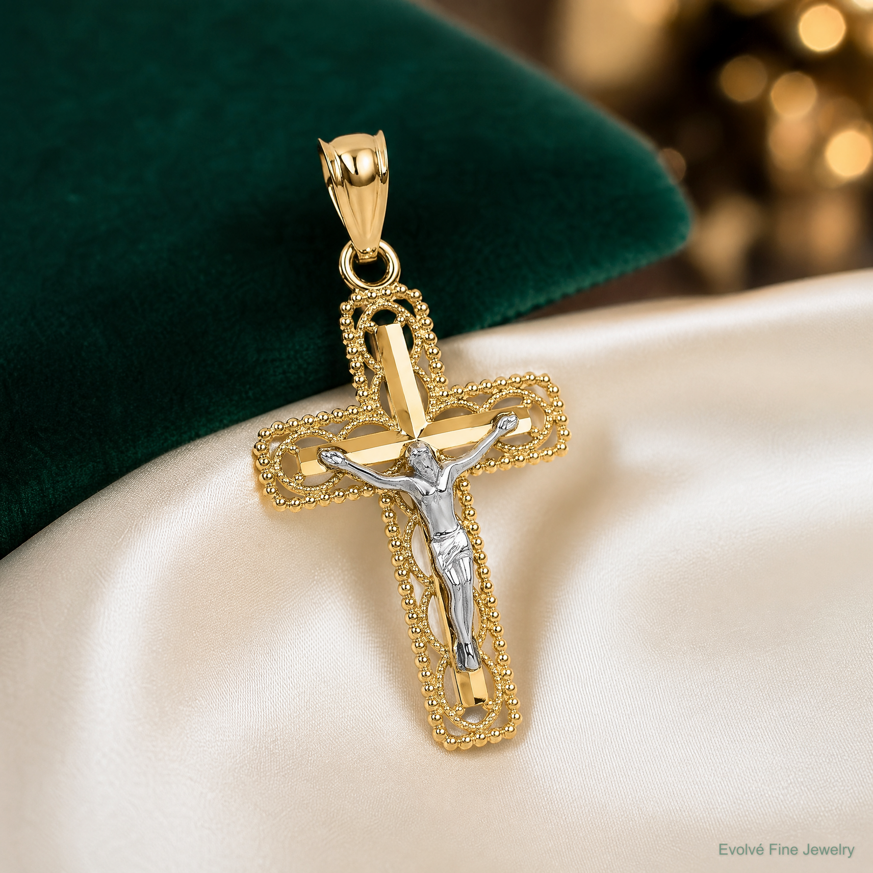 14k Two-tone Polished Crucifix Pendant - Lifestyle View