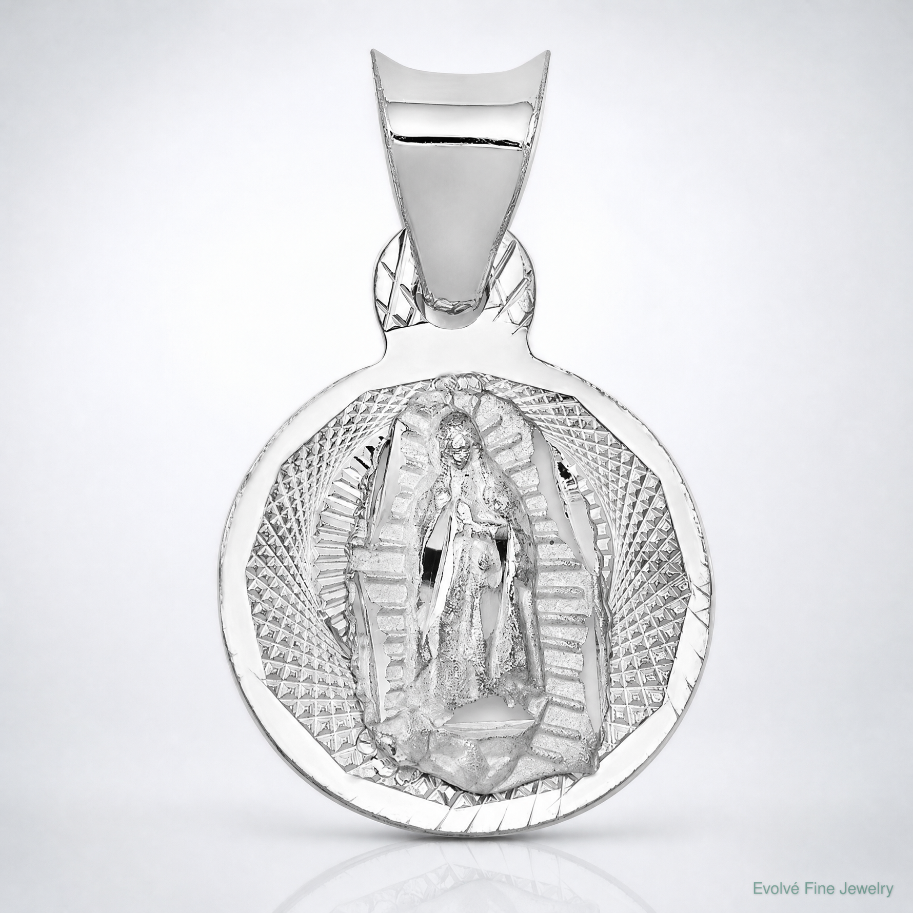 14k White Gold Our Lady of Guadalupe Semi-solid Round Pendant - Lifestyle View