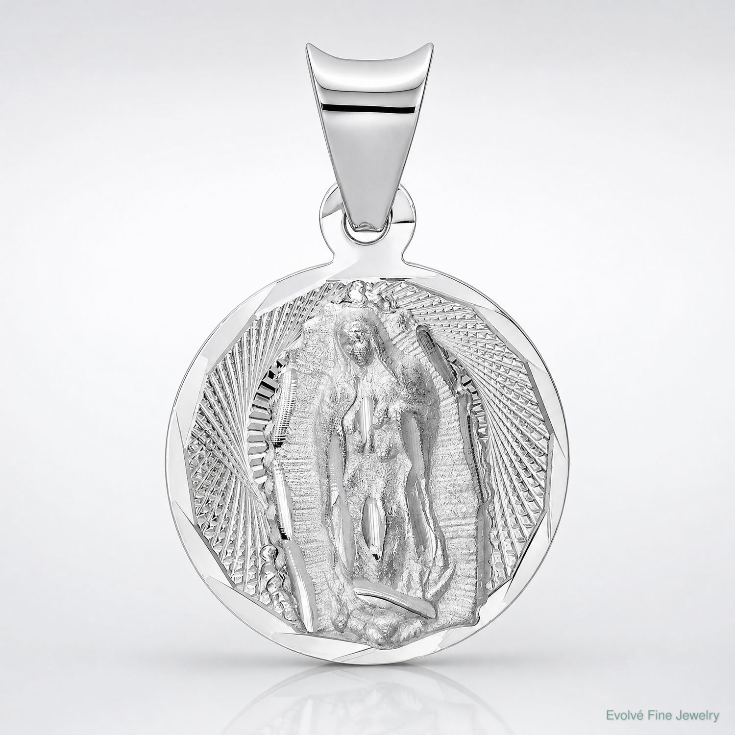 14k White Gold Our Lady of Guadalupe Semi-solid Round Pendant - Lifestyle View