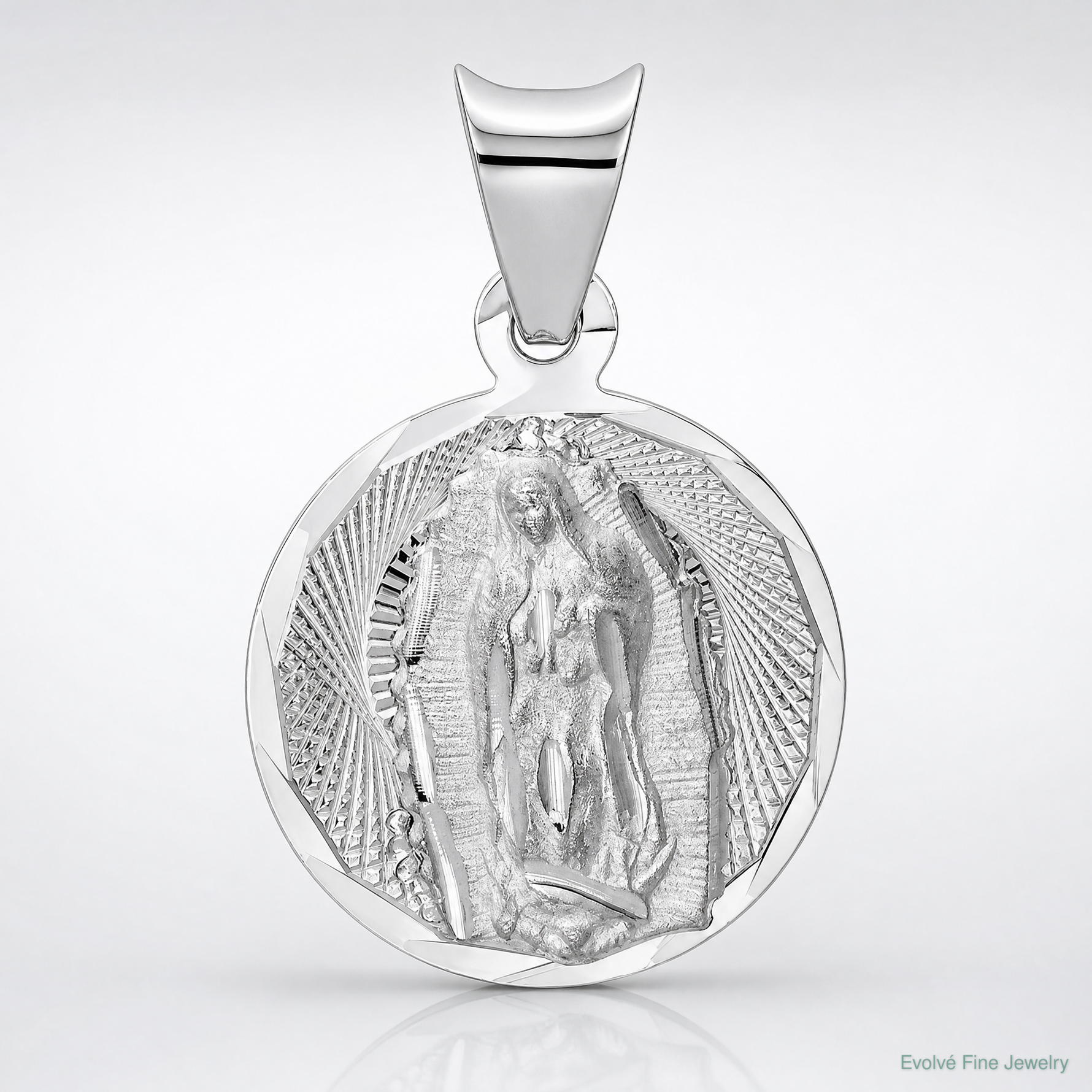 14k White Gold Our Lady of Guadalupe Semi-solid Round Pendant - Lifestyle View