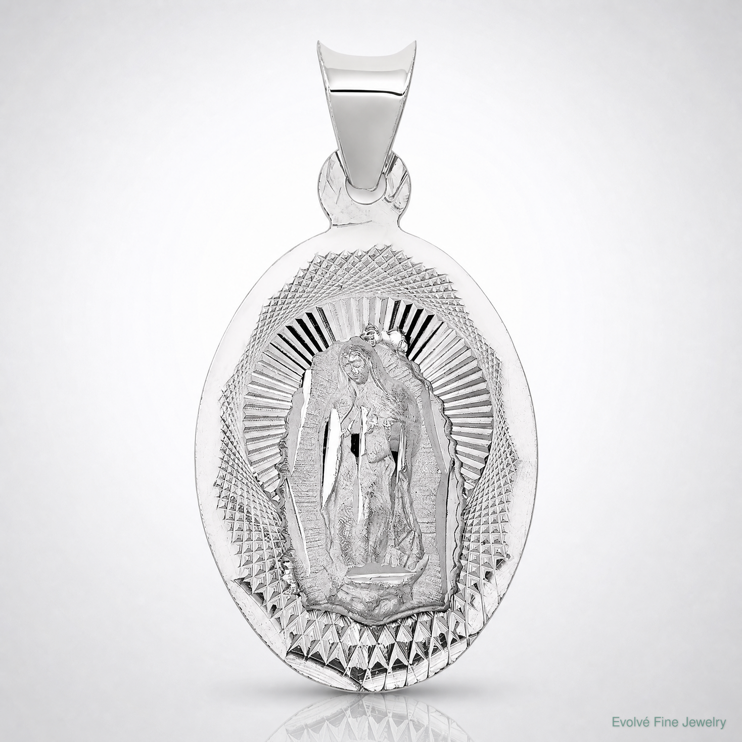 14k White Gold Our Lady of Guadalupe Semi-solid Oval Pendant - Lifestyle View