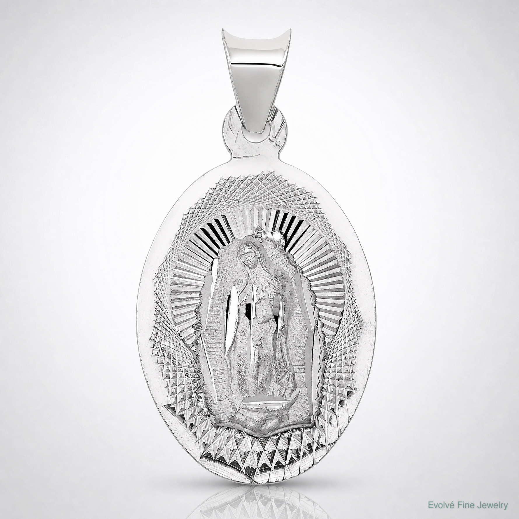 14k White Gold Our Lady of Guadalupe Semi-solid Oval Pendant - Lifestyle View
