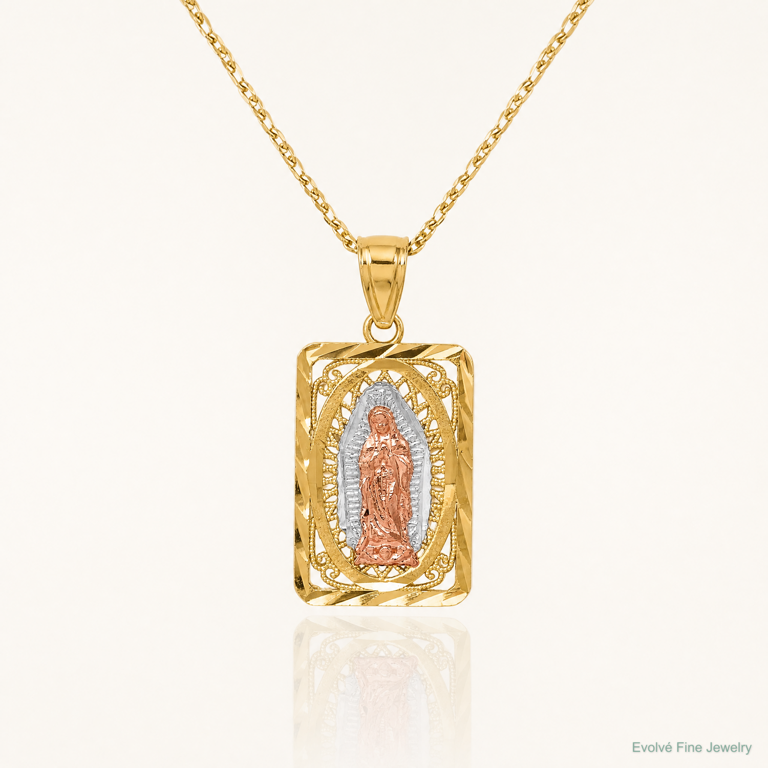 14k Two-tone w/White Rhodium D/C Lady of Guadalupe Pendant - Lifestyle View