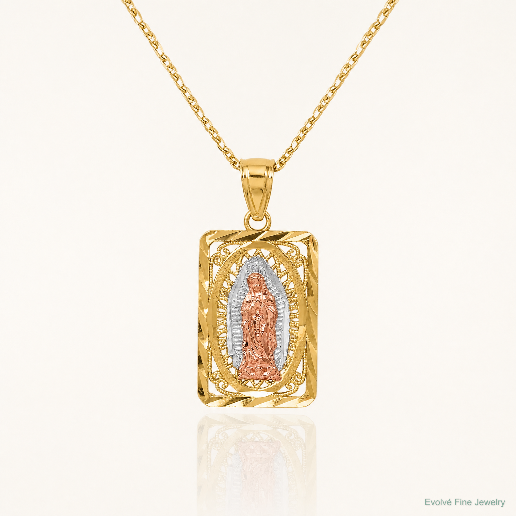 14k Two-tone w/White Rhodium D/C Lady of Guadalupe Pendant - Lifestyle View