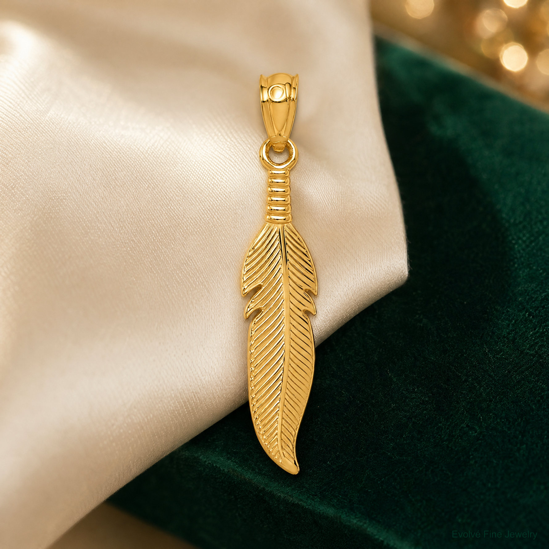 14k Polished Feather Pendant - Lifestyle View