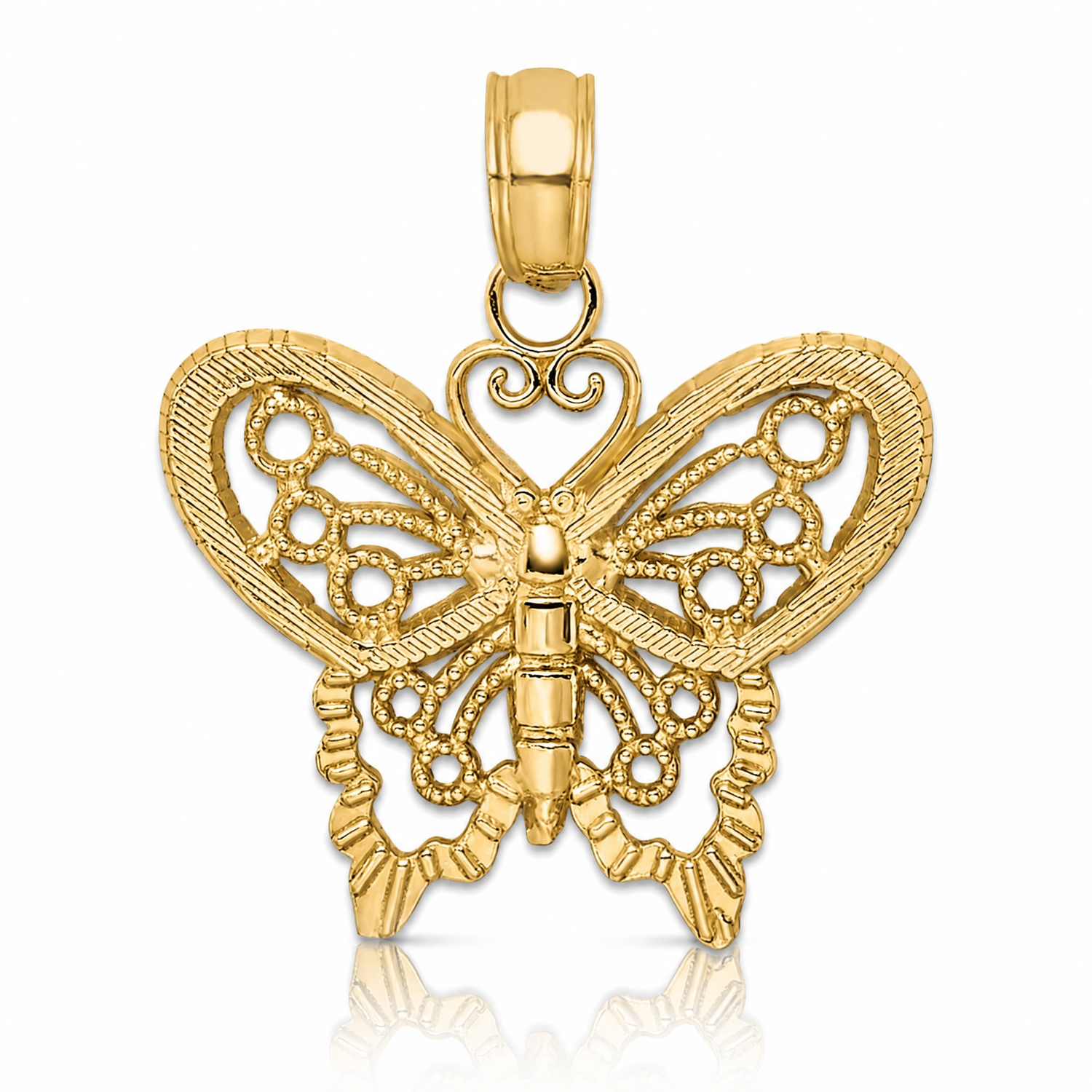 14K Polished and Textured Filigree Butterfly Charm - Lifestyle View