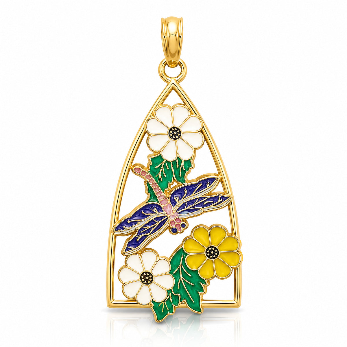 14K Enamel Dragonfly and Flowers Triangle Charm - Lifestyle View