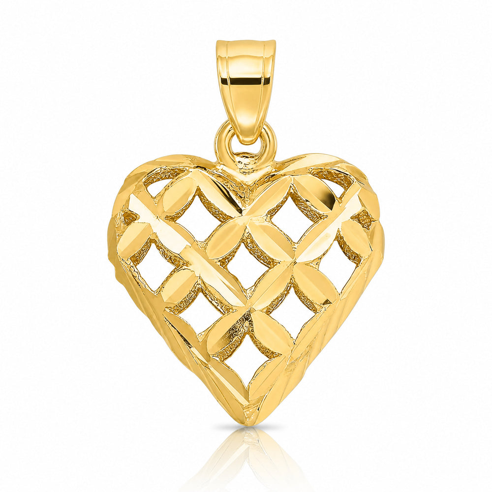 10K / 14K Yellow Gold 3-D Diamond-cut Filigree Puffed Heart Charm