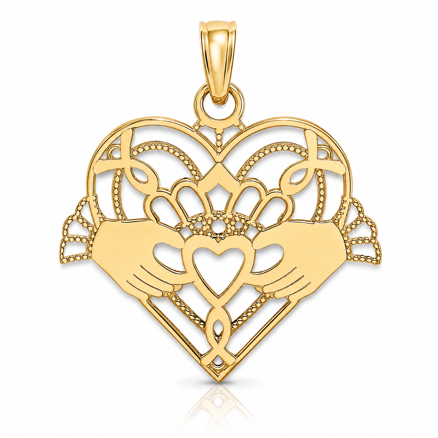 14K Polished and Beaded Claddagh In Heart Charm - Lifestyle View