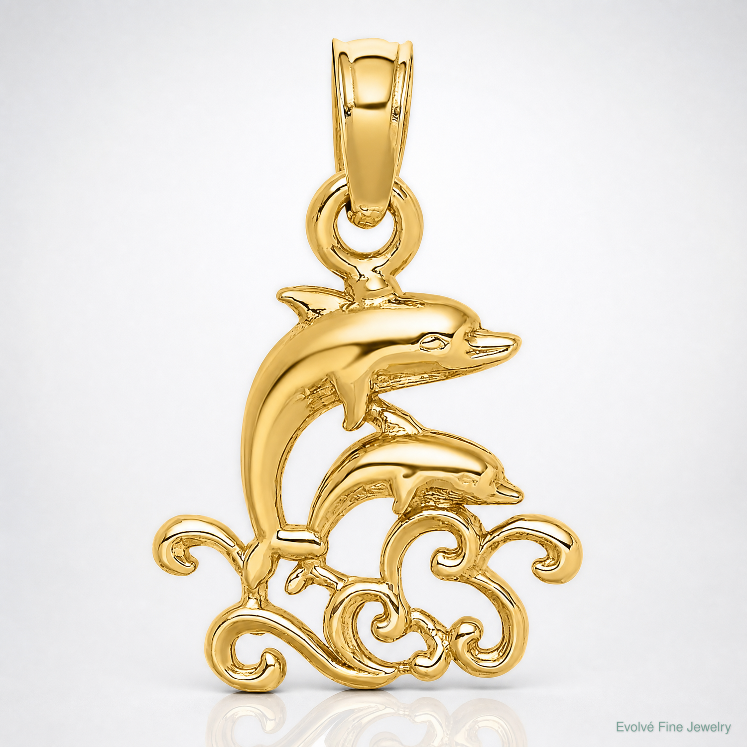 14K Textured Mini Double Dolphins and Waves Charm - Lifestyle View