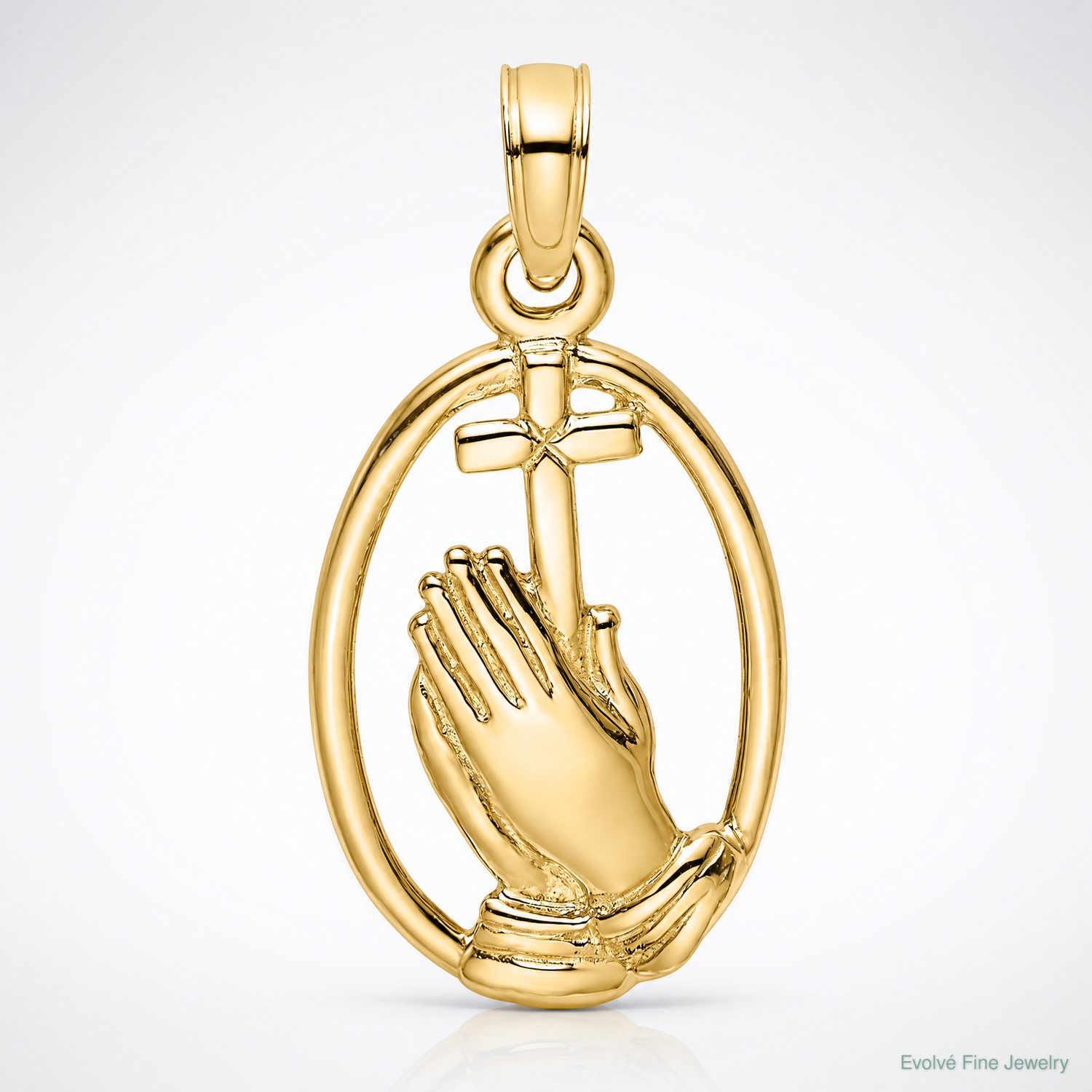14K Praying Hands and Cross In Oval Charm - Lifestyle View