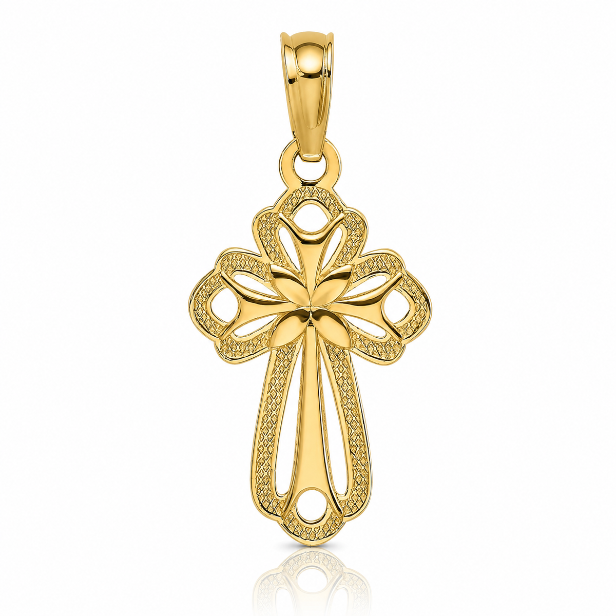 14K Cut-Out Polished and Textured Cross Charm - Lifestyle View
