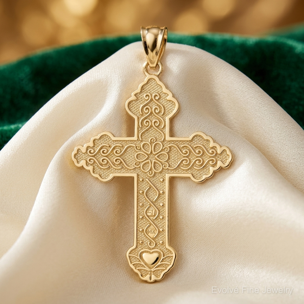 14K Flower Center Scroll Cross Charm - Lifestyle View